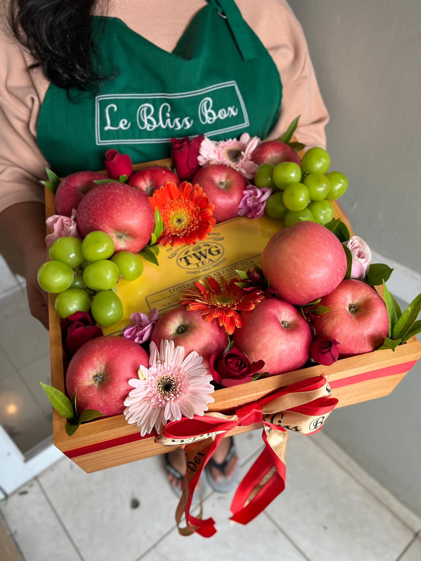 TWG Tea wooden apple hamper with premium imported fruits, ideal for delivery in Jakarta, Bintaro, and Tangerang