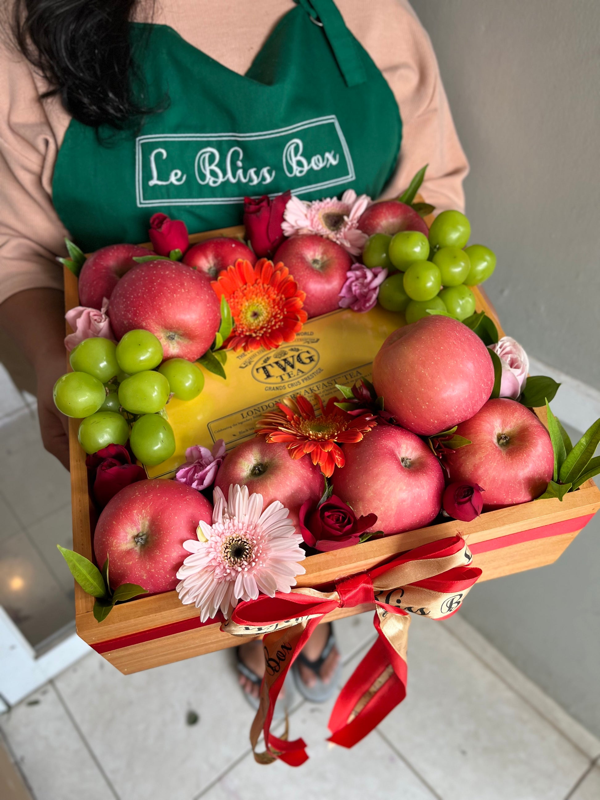 TWG Tea wooden apple hamper with premium imported fruits, ideal for delivery in Jakarta, Bintaro, and Tangerang