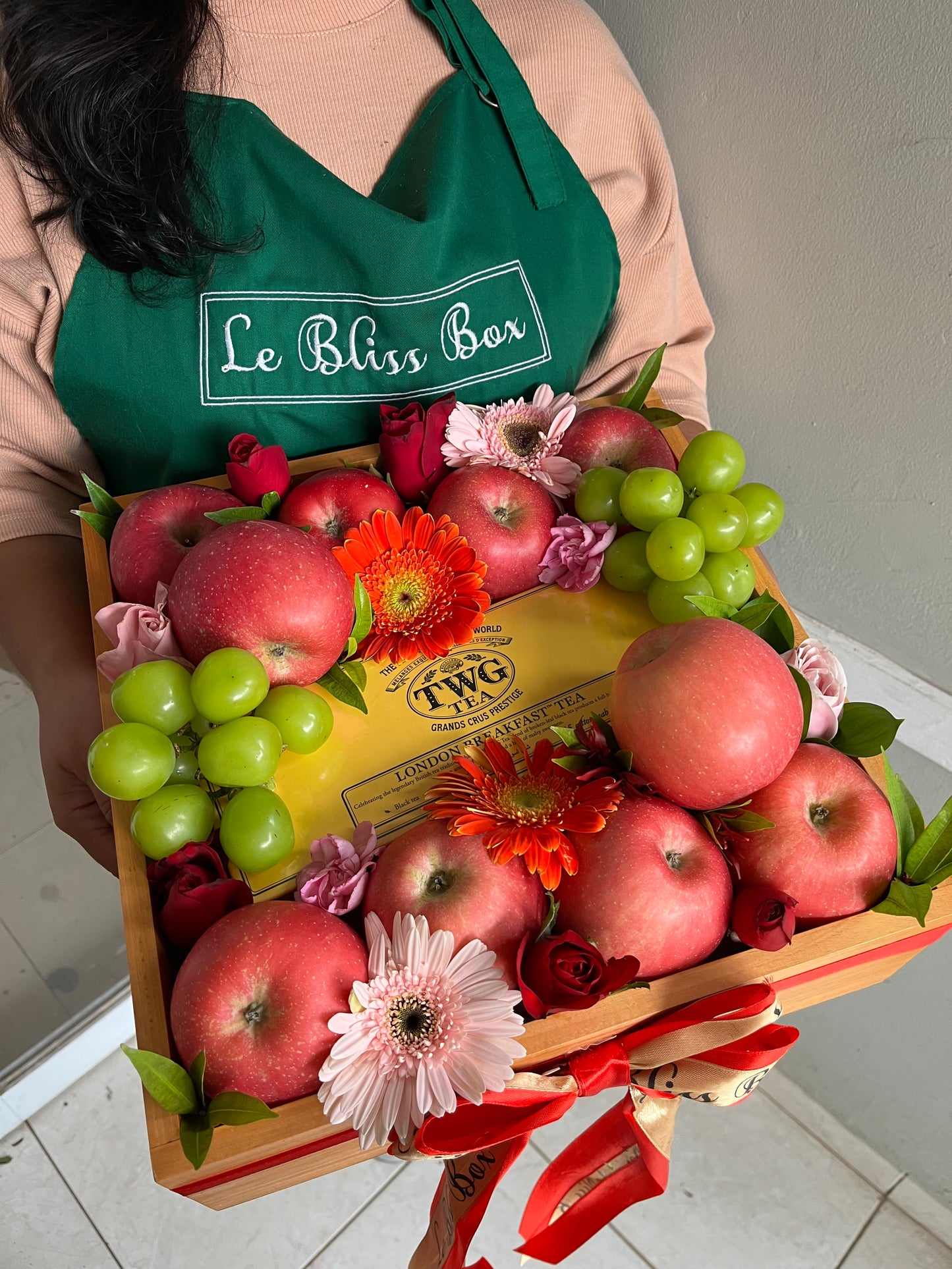 TWG Tea wooden apple hamper with premium imported fruits, ideal for delivery in Jakarta, Bintaro, and Tangerang by Le Bliss 