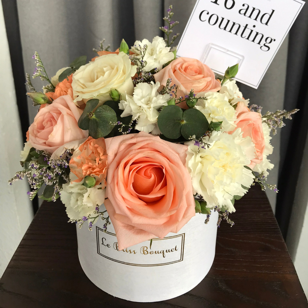 Tiffany rose petite bloombox in d16cm white box, perfect for any occasion, send to all cities in surabaya