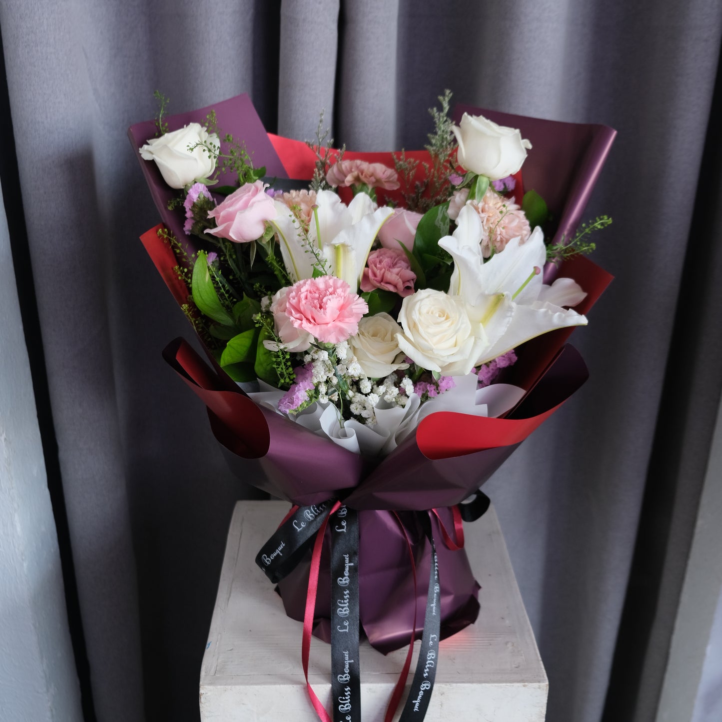 fresh lily, fresh rose, fresh carnation. bouquet medium by le bliss bouquet Florist surabaya, toko bunga surabaya.
