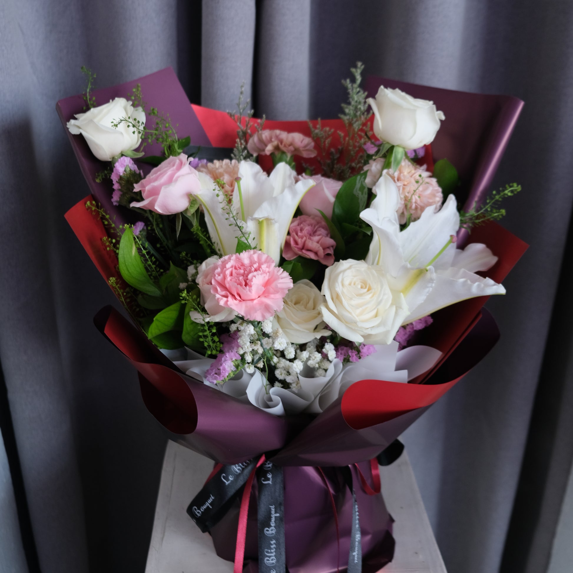 lily carnation rose babysbreath bouquet maroon florist surabaya. bouquet surabaya