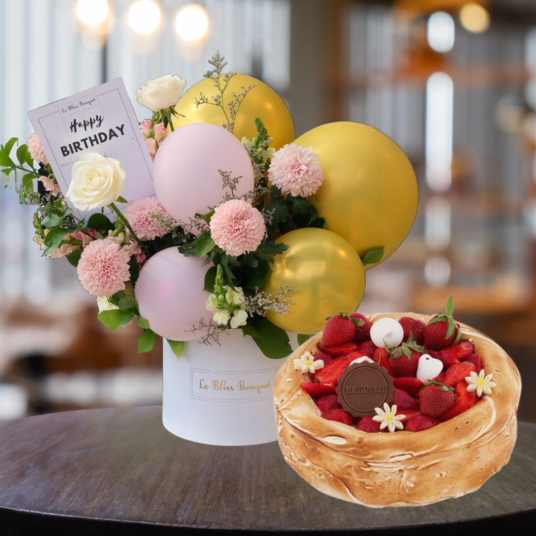 Balloon Flower Bloombox and Strawberry Cheesecake Birthday combo - Le Bliss Bouquet