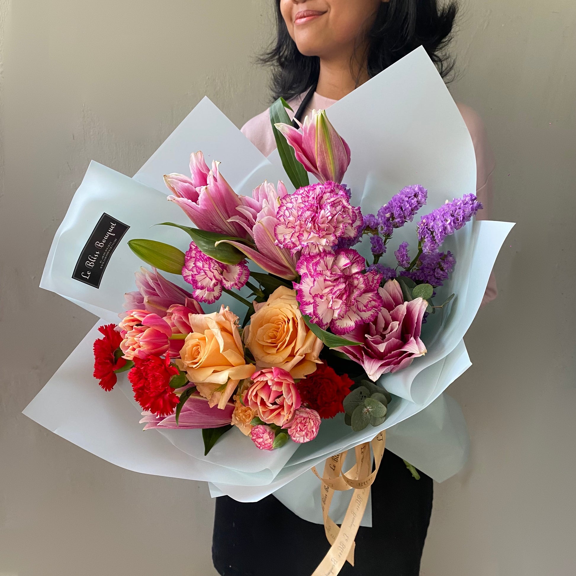 tulip lily rose hand bouquet jakarta